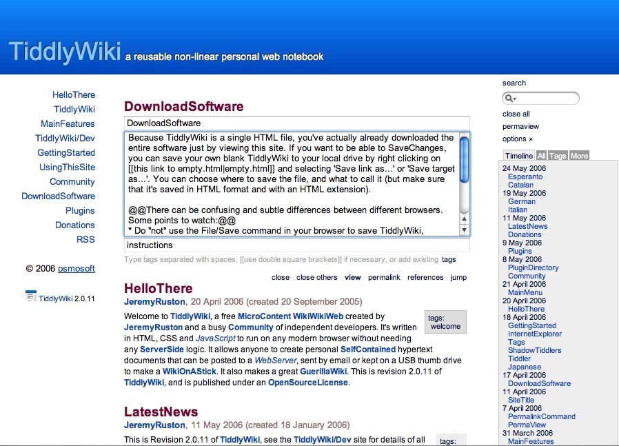 A screenshot of TiddlyWiki from WikiMatrix.org